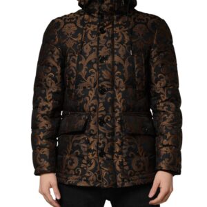 Black Floral Jacquard Quilted Hooded Jacket
