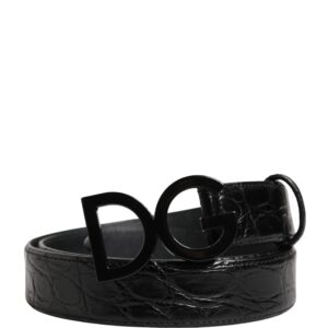 Men Black Exotic Leather Logo Buckle Belt