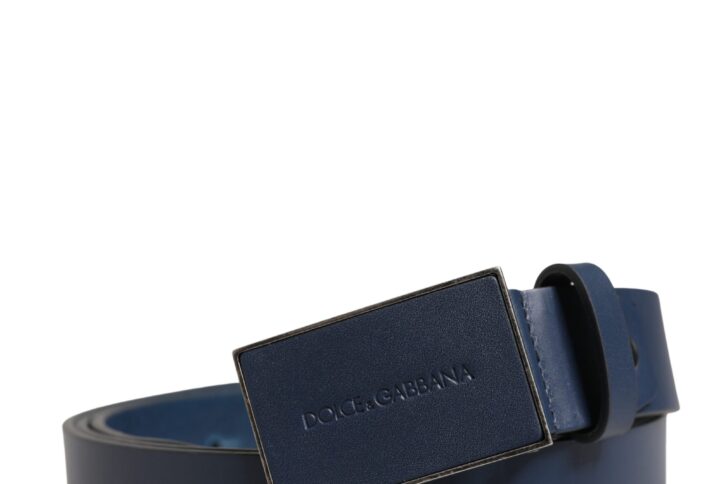 Men Blue Calf Leather Logo Metal Buckle Belt