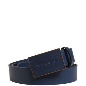 Men Blue Calf Leather Logo Metal Buckle Belt