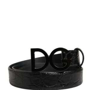 Men Black Exotic Leather Logo Buckle Belt