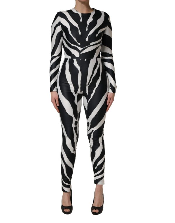 Black White Polyester Zebra Pattern Jumpsuit
