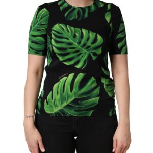 Black Philodendron Print Silk Blouse Top