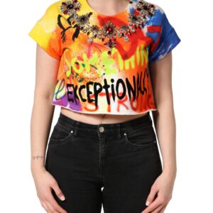 Multicolor Graffiti Crystals Crop Jersey Top