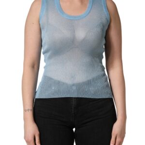 Blue Semi Sheer Ribbed Sleeveless Tank Top