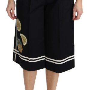 Black Lemon Embellished Palazzo Cropped Pants - Jag Couture London