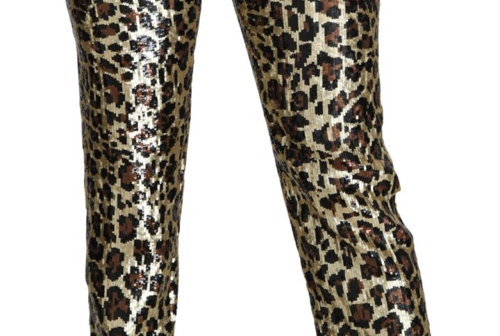 Brown Leopard Sequined High Waist Pants - Jag Couture London