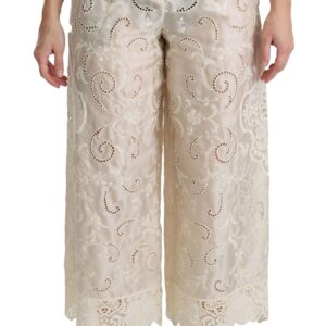 Cream Lace High Waist Palazzo Cropped Pants - Jag Couture London