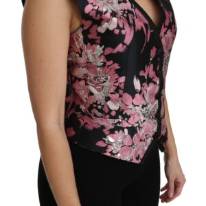 Black Pink Floral Waistcoat Vest Blouse Top - Jag Couture London