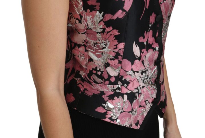 Black Pink Floral Waistcoat Vest Blouse Top - Jag Couture London