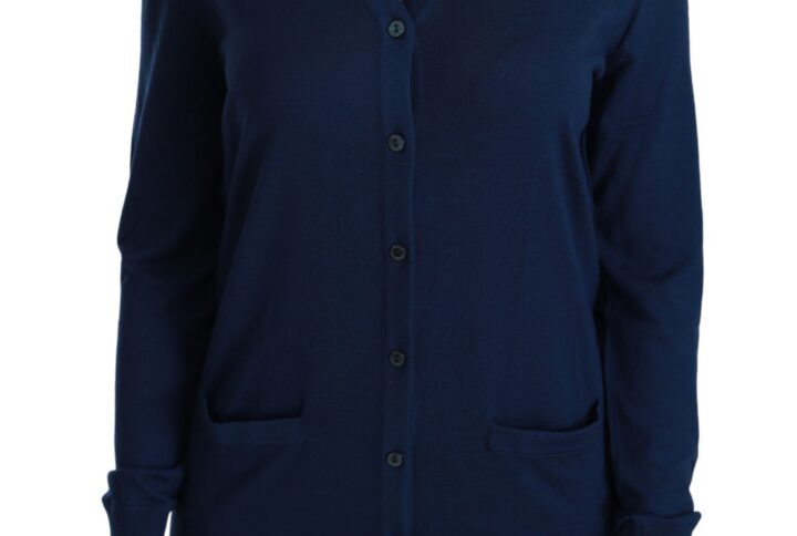 Blue Button Cardigan Virgin Wool Sweater - Jag Couture London