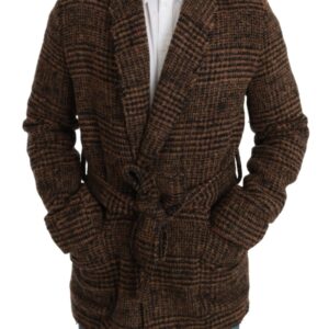 Brown Checkered Wool Robe Coat  Wrap Jacket - Jag Couture London