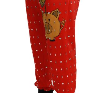 Red Piggy Bank Cotton Crystal Trousers Pants - Jag Couture London
