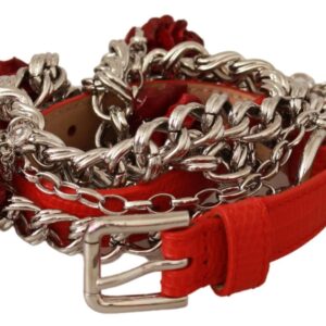 Red Leather Roses Floral Silver Waist Belt - Jag Couture London