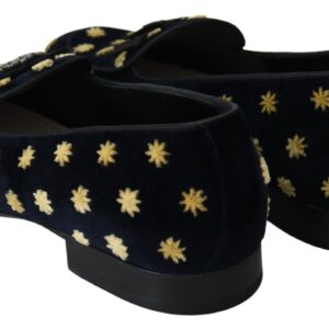 Blue Velvet Crown Slippers Loafers Shoes - Jag Couture London