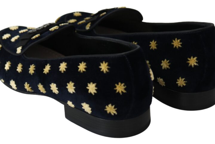 Blue Velvet Crown Slippers Loafers Shoes - Jag Couture London