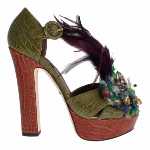 Green Leather Crystal Platform Sandal Shoes - Jag Couture London