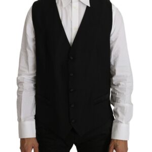 Black Solid Wool Silk Vest - Jag Couture London