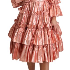 Pink Ruffled Dress Silk Cotton Gown Dress - Jag Couture London