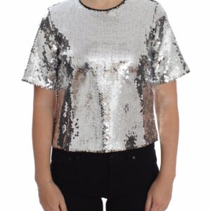 Silver Sequined Crewneck Blouse T-shirt Top - Jag Couture London