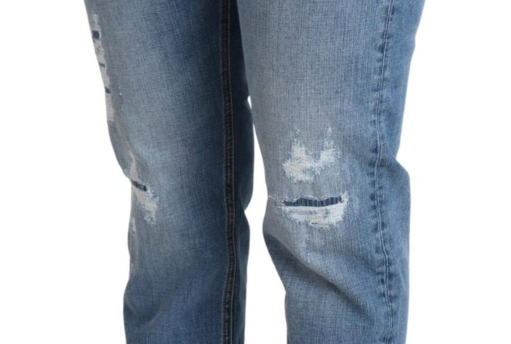 Blue Tattered Skinny Denim Cotton Blend Jeans - Jag Couture London