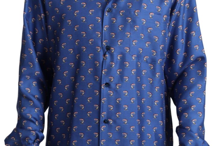 Blue Beach Chair Umbrella Print Silk Shirt - Jag Couture London