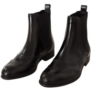 Black Leather Ankle High Flat Boots Shoes - Jag Couture London