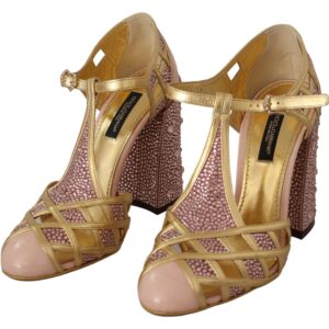 Pink Gold Leather Crystal Pumps T-strap Shoes - Jag Couture London