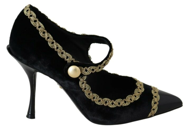 Black Embellished Velvet Mary Jane Pumps Shoes - Jag Couture London