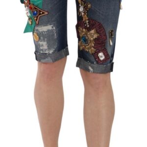Blue Denim Mid Waist Crystal Capri Shorts - Jag Couture London