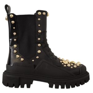 Black Leather Studded Combat Boots - Jag Couture London