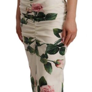 White Roses Print Stretch Silk Pleated Dress - Jag Couture London