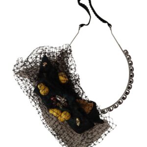 Silver Tiara Crystals Fruits Black Mesh Diadem Headband - Jag Couture London