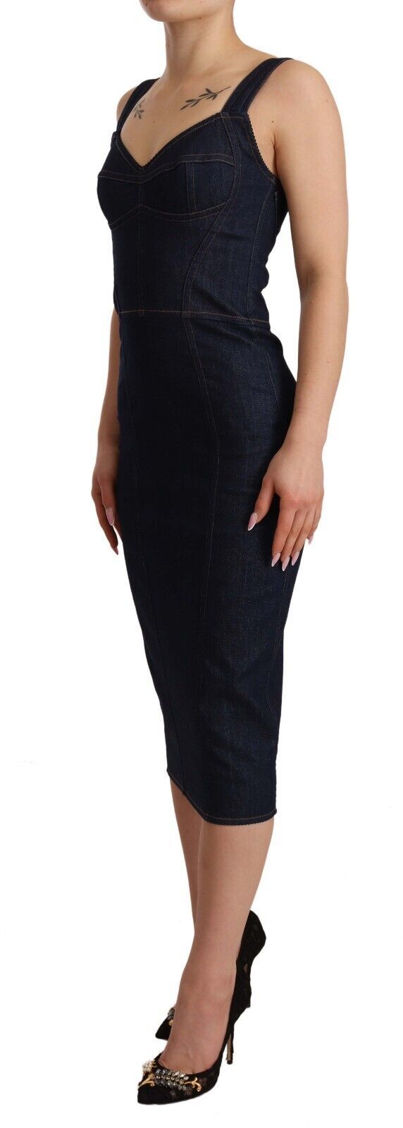 Dark Blue Cotton Denim Sheath Midi Dress - Jag Couture London