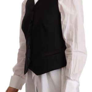 Black Button Down Sleeveless Vest Viscose Top - Jag Couture London