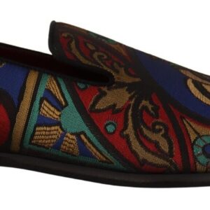 Multicolor Jacquard Crown Slippers Loafers Shoes - Jag Couture London
