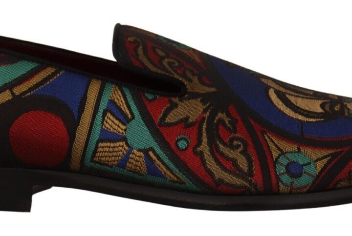 Multicolor Jacquard Crown Slippers Loafers Shoes - Jag Couture London