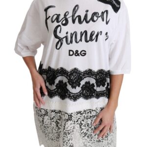 White Fashion Sinner Cotton Lace T-shirt Top - Jag Couture London
