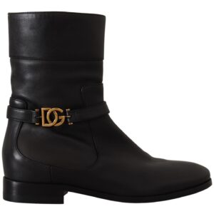 Black Leather Flats Logo Short Boots Shoes - Jag Couture London