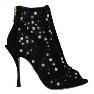 Black Crystals Heels Zipper Short Boots Shoes - Jag Couture London