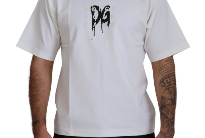 White Logo Print Cotton Crewneck T-shirt - Jag Couture London