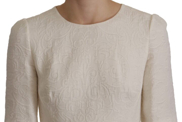 White Jaquard Midi Floral Sheath Brocade Dress - Jag Couture London