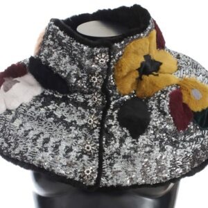 Silver Sequined Floral Weasel Fur Shoulder Scarf Wrap - Jag Couture London