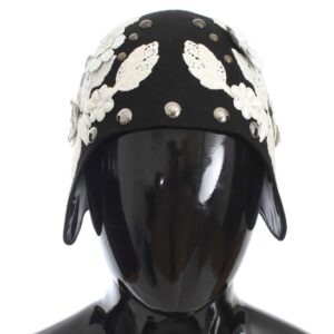 Black Wool White Floral Gold Leaf Hat - Jag Couture London