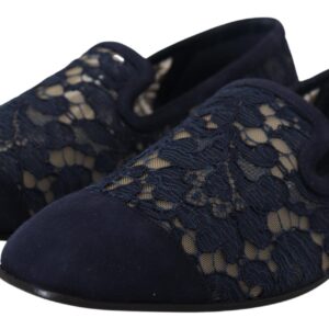 Blue Floral Lace Slip Ons Loafers Flats Shoes - Jag Couture London