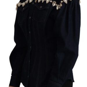 Blue Denim Crystal Embellish Cotton Jacket - Jag Couture London