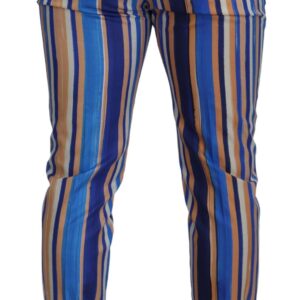 Blue Striped Silk Cotton Slim Trousers Pants - Jag Couture London