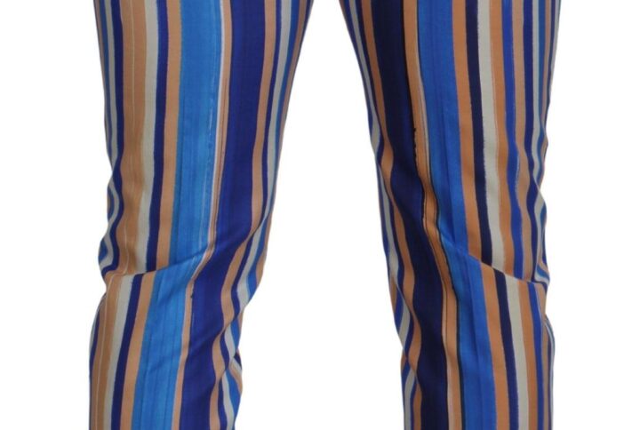 Blue Striped Silk Cotton Slim Trousers Pants - Jag Couture London