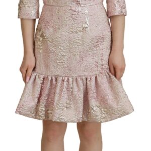 Pink Jaquard 3/4 Sleeve Sheath Midi Dress - Jag Couture London