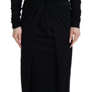 Black Sheath Midi Gown Wool Wrap Dress - Jag Couture London